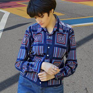 1970s Geometric Print Top, Button Up Knit Blouse,
